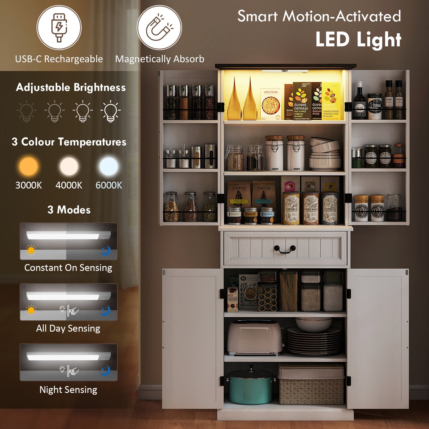 71 LED Kitchen Pantry Cabinet, Farmhouse Storage Cabinet With Door Shelves, Distressed White