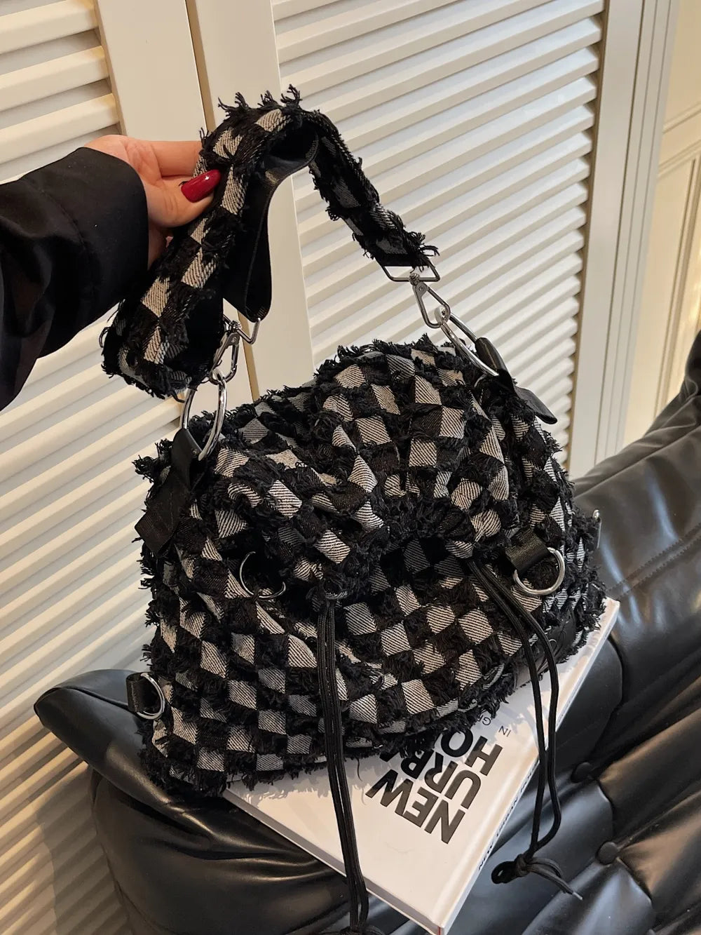 Checkered Raw Edge Adjustable Strap Convertible Bag - LaTezza Online Shop