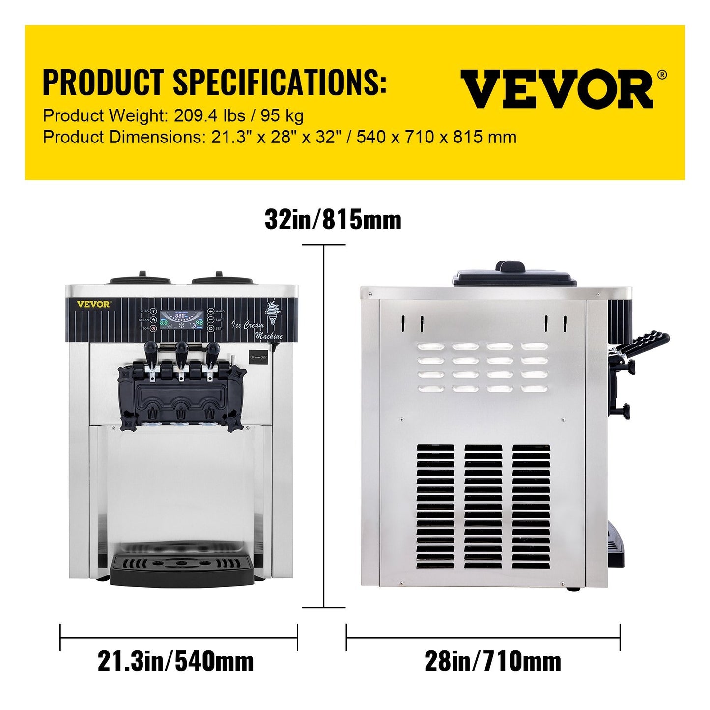 VEVOR Commercial Ice Cream Machine 5.3 To 7.4Gal Per Hour Soft Serve With LED Display Auto Clean 3 Flavor 2200W Sliver - LaTezza Online Shop