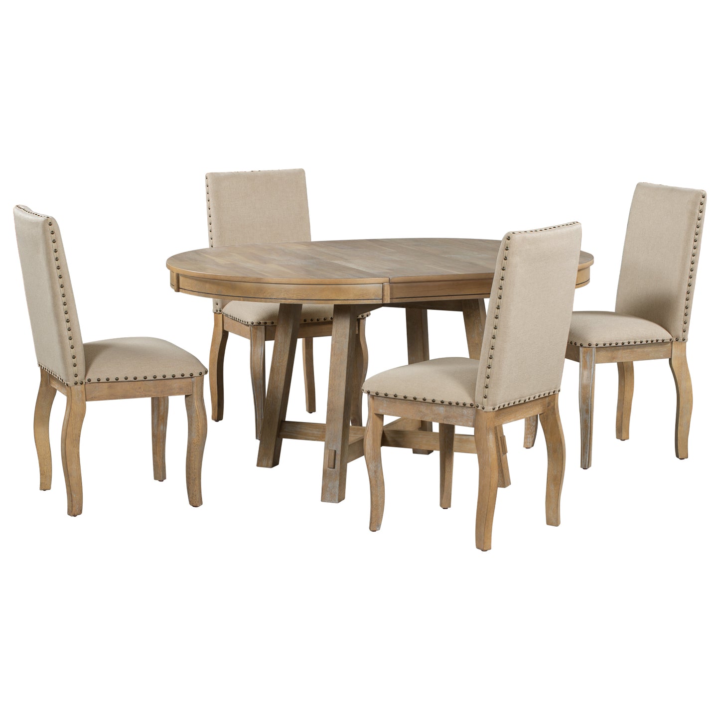TREXM 5-Piece Farmhouse Dining Table Set Wood Round Extendable Dining Table and 4 Upholstered Dining Chairs (Natural Wood Wash) - LaTezza Online Shop