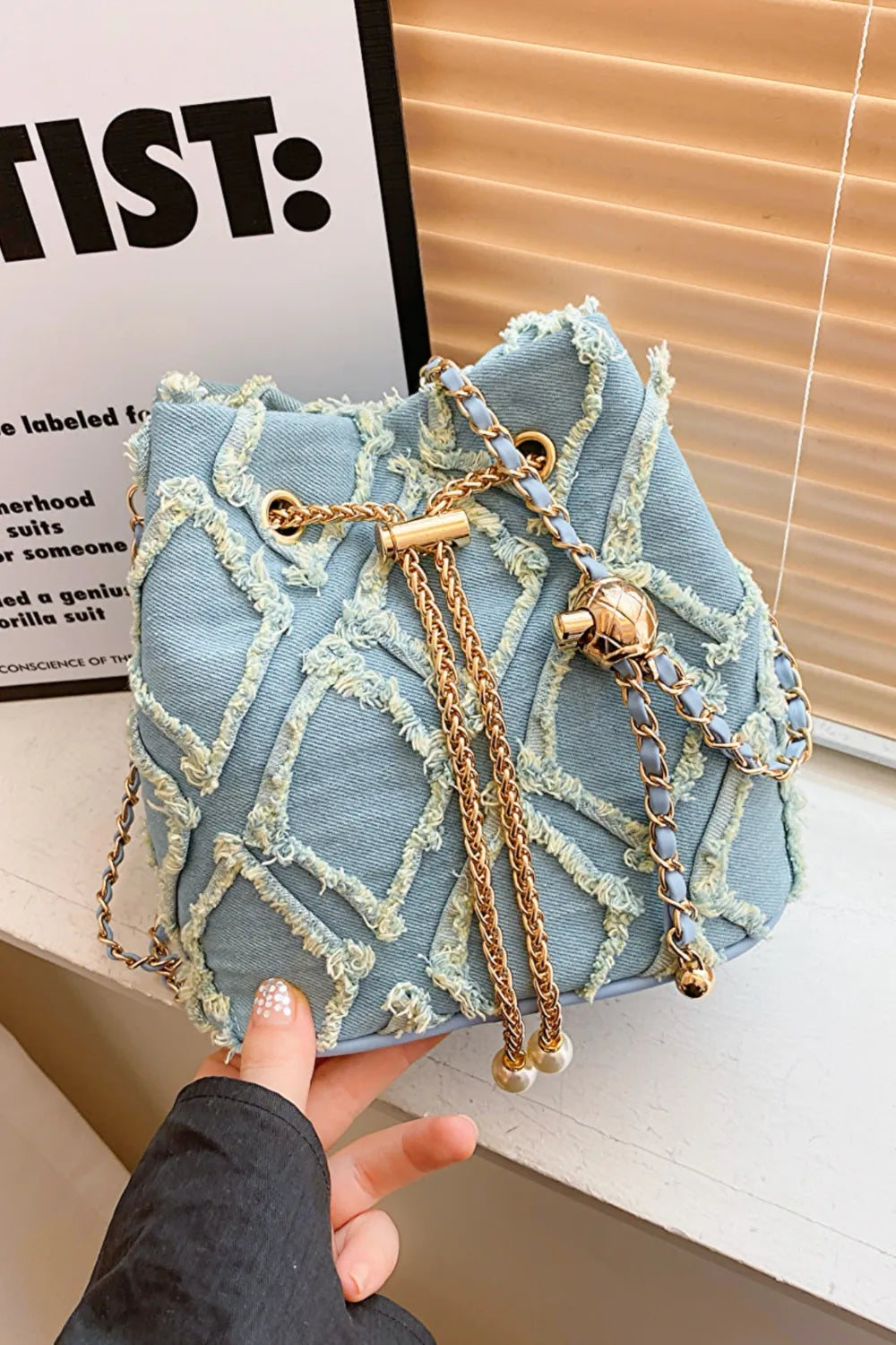 Chain Drawstring Raw Edge Denim Bucket Bag - LaTezza Online Shop