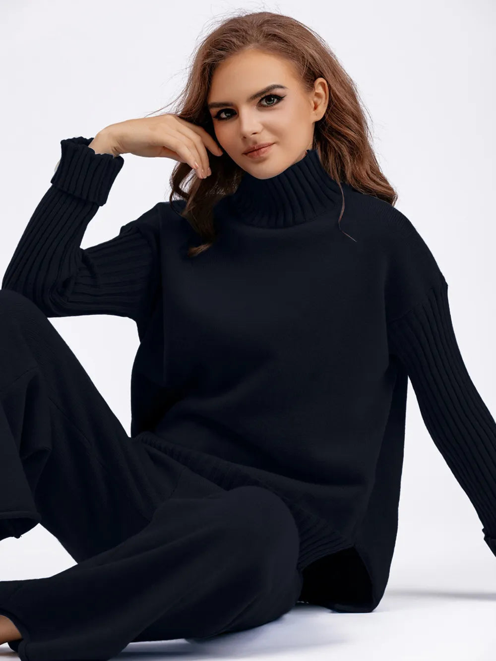 High- Low Turtleneck Long Sleeve Top and Pants Sweater Set - LaTezza Online Shop