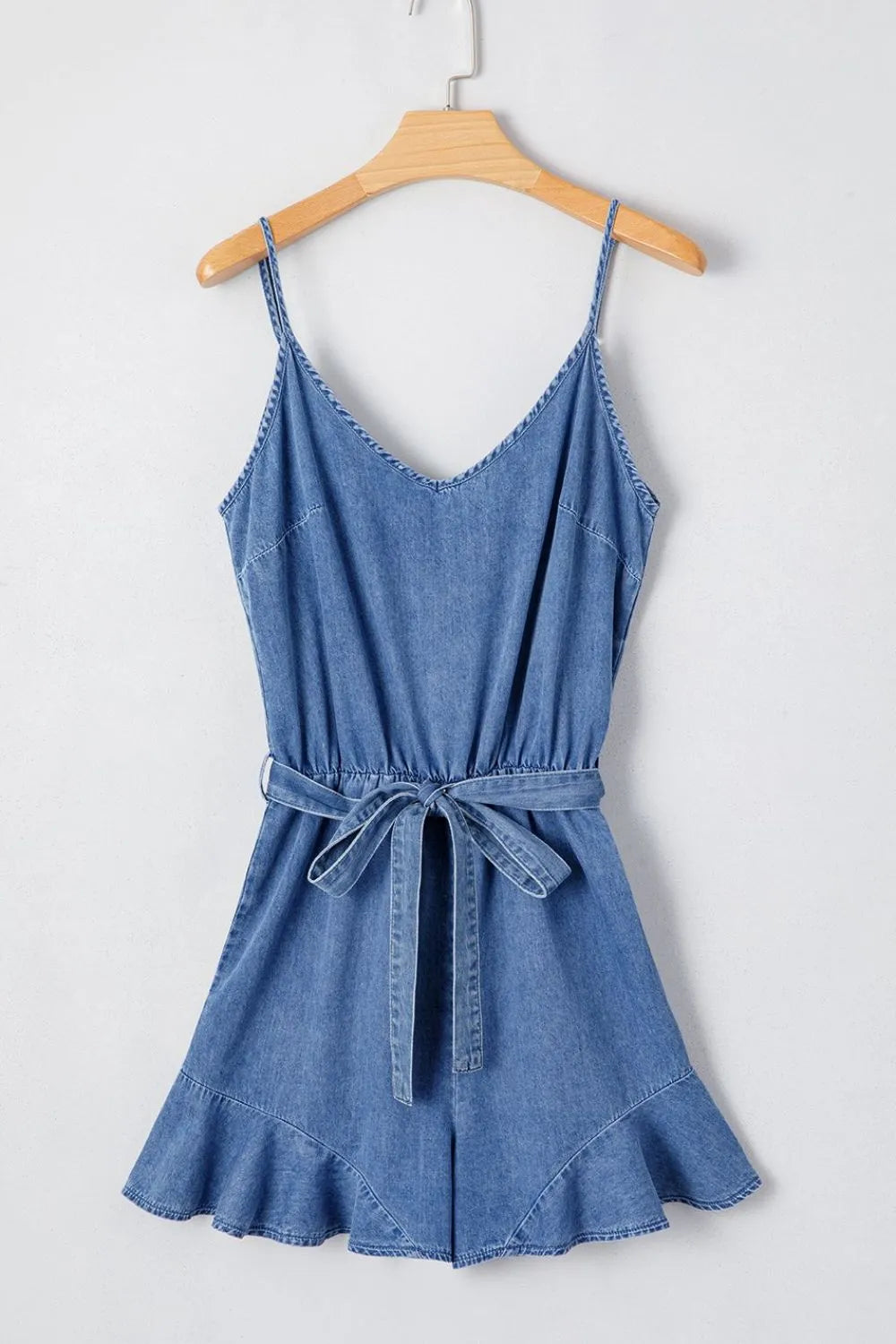 Spaghetti Straps V Neck Belted Ruffled Leg Chambray Romper - LaTezza Online Shop