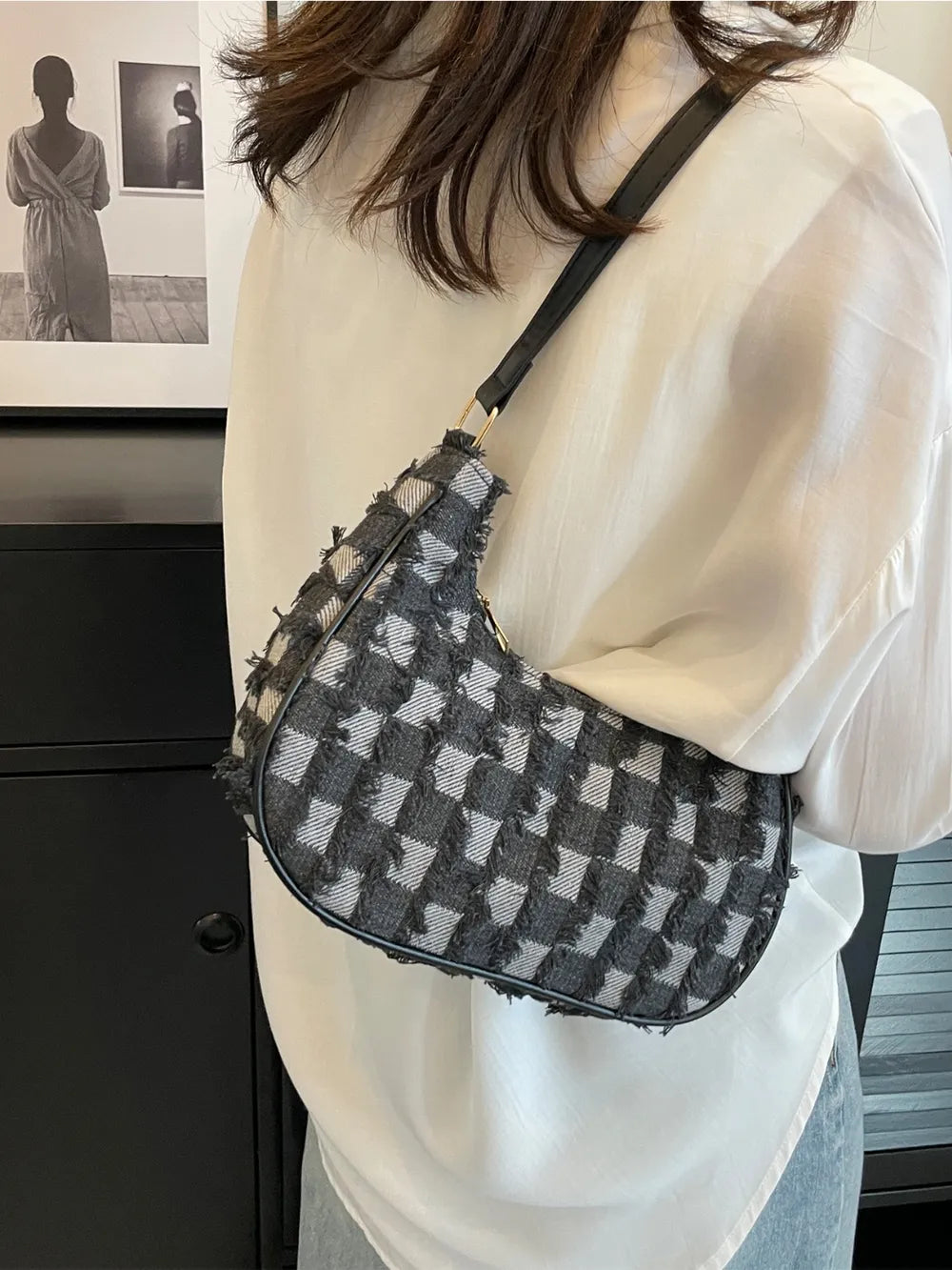 Checkered Raw Hem Shoulder Bag - LaTezza Online Shop