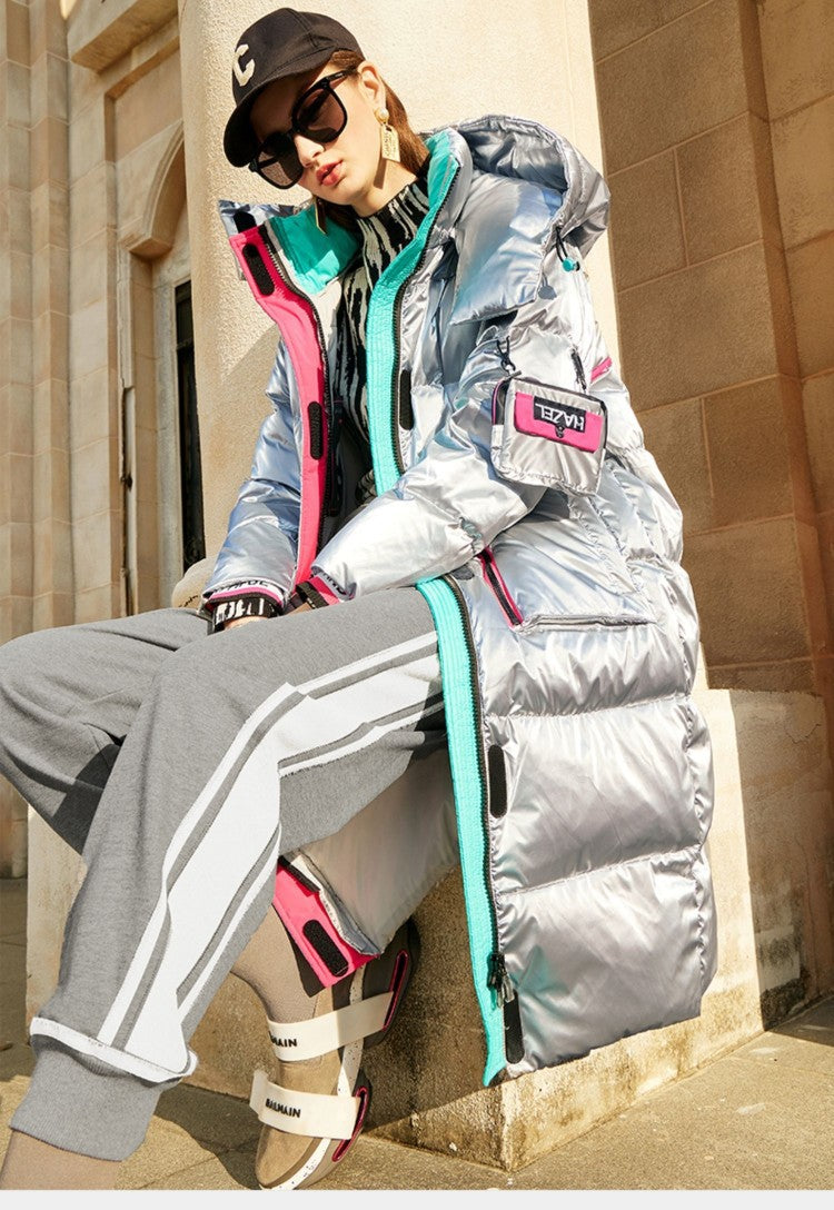 Down Jacket Women's Short Production Long Winter Coat Shiny Loose Contrast Color Hooded Down Jacket - LaTezza Online Shop