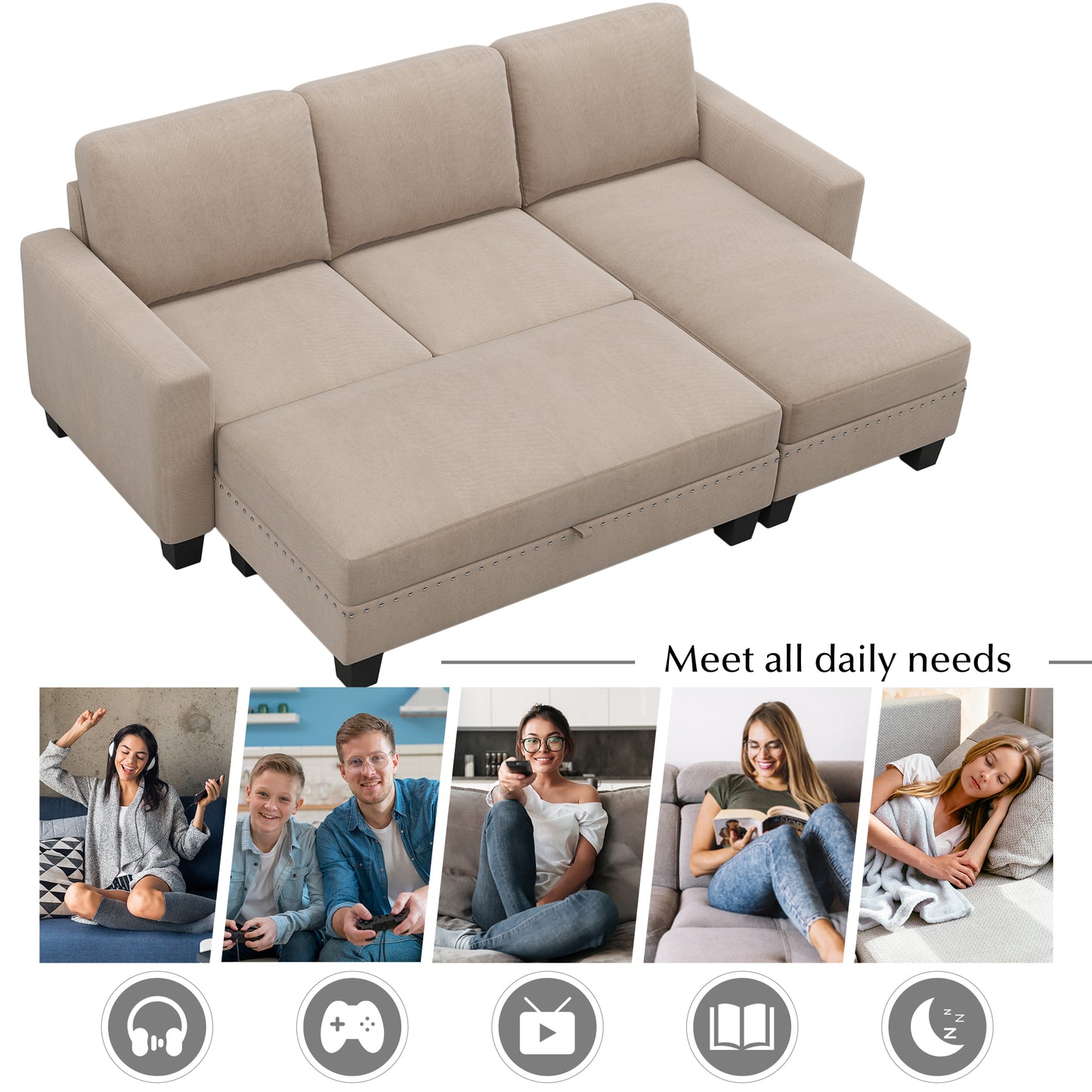81" Reversible Sectional Couch with Storage Chaise L-Shaped Sofa for Apartment Sectional Set Warm Grey - LaTezza Online Shop