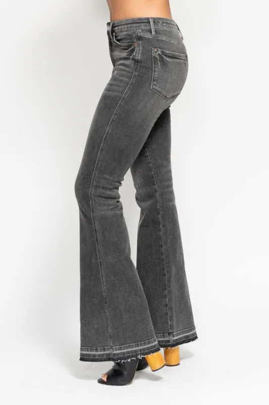 Judy Blue Full Size Mid Rise Tummy Control Washed Gray Release Hem Flare Jeans Plus Size - LaTezza Online Shop