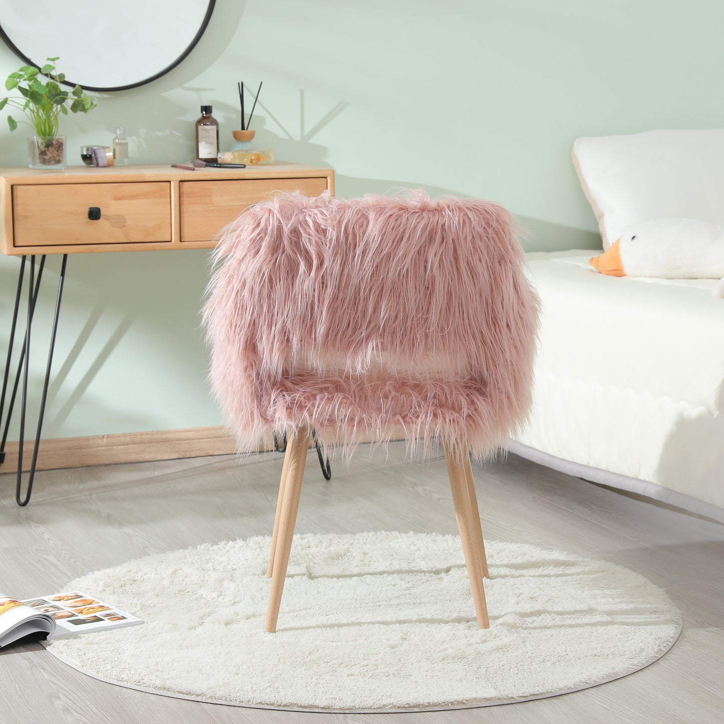PINK Faux Fur Upholstered Make up chair Side Dining Chair with Metal Leg(PINK+Beech Metal Leg) - LaTezza Online Shop
