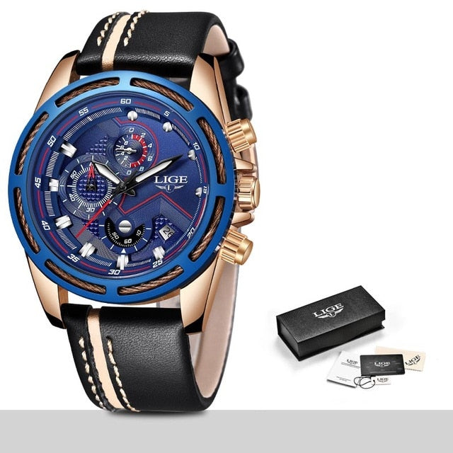LIGE Watch Men Sport Quartz Clock Leather Mens Watches Top Brand Luxury Gold Waterproof - LaTezza Online Shop