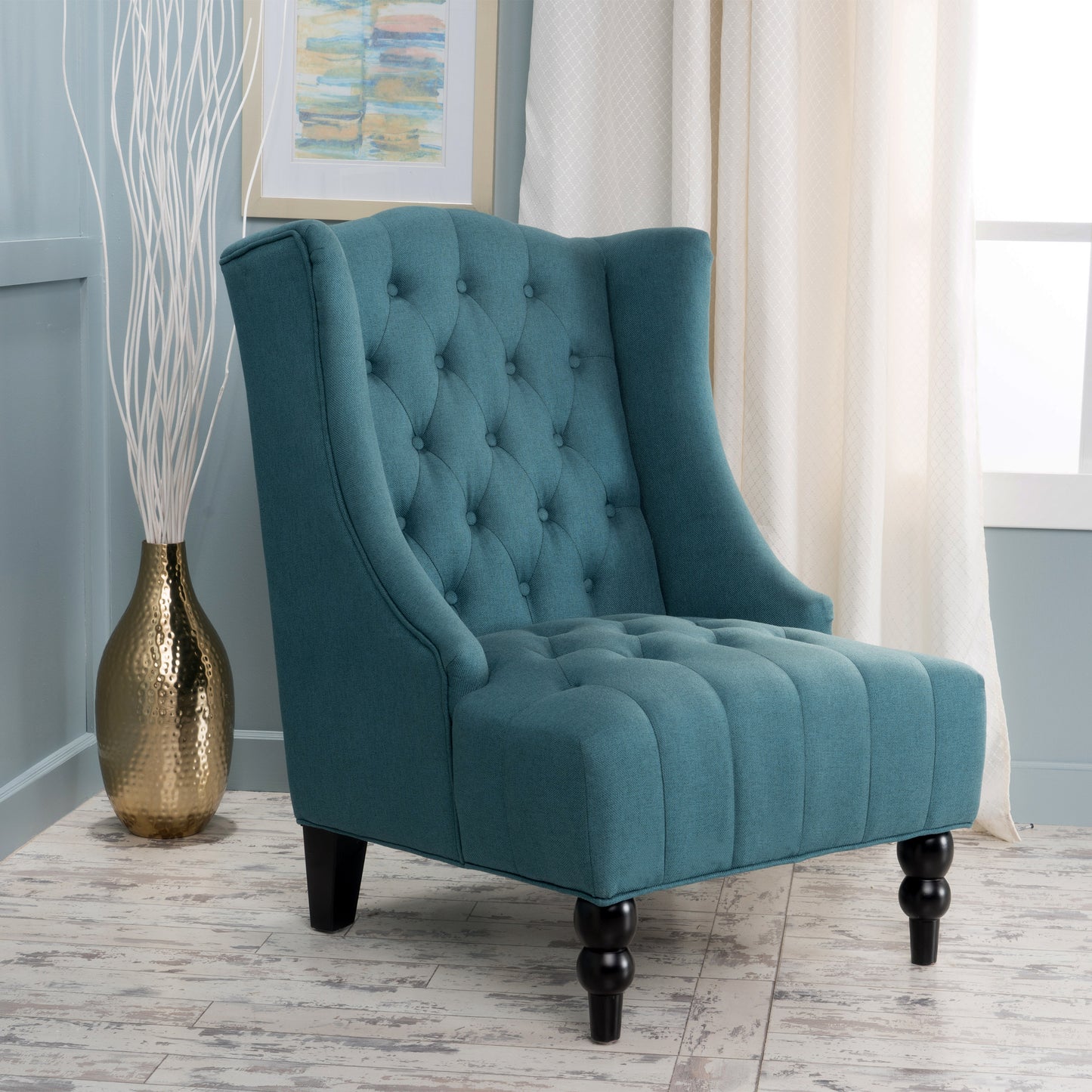 Teal Upholstered Wingback Chair with Birch Wood Legs - LaTezza Online Shop