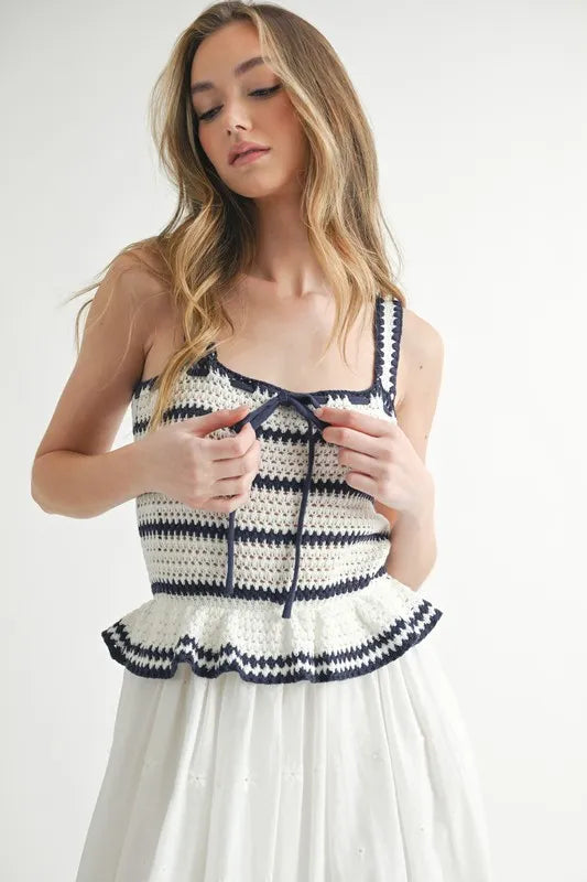 MABLE Crochet Stripe Knit Eyelet Mix Midi Dress - LaTezza Online Shop