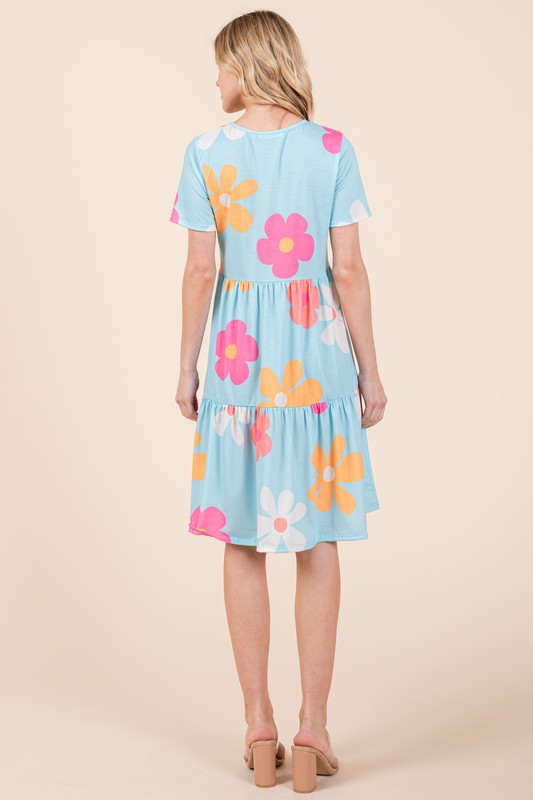 BOMBOM Floral Round Neck Short Sleeve Tiered Dress - LaTezza Online Shop