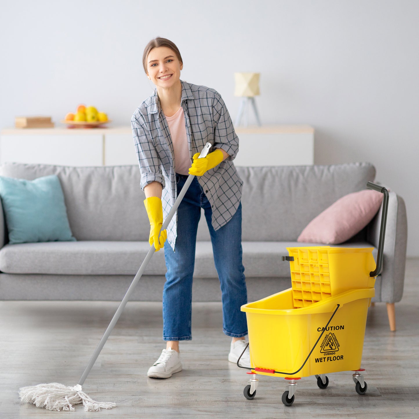 Mop Bucket With Wringer On Wheels For Floor Cleaning, 38 Quart Down Press Wringer With Handle, Yellow