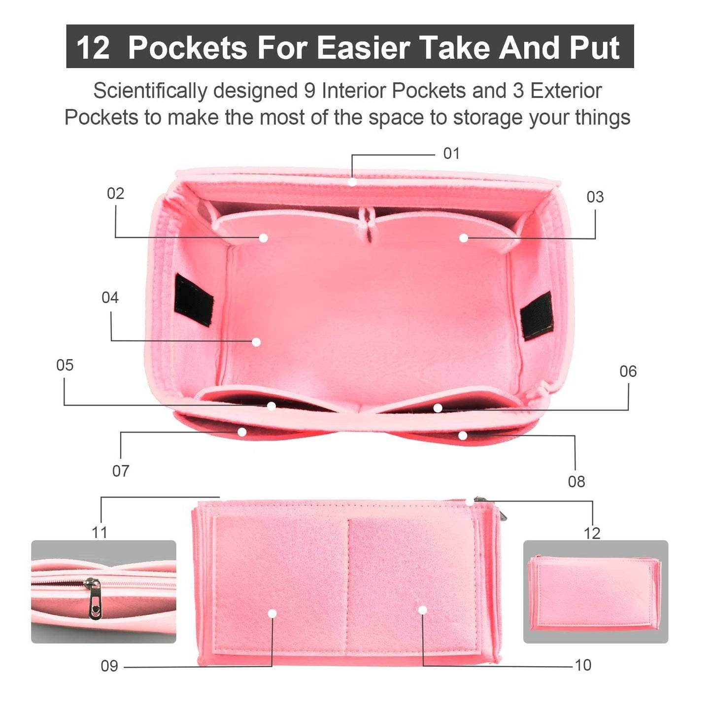 Tote Insert Liner Purse Pouch Women Travel Handbag Felt Bag XL Pink - LaTezza Online Shop