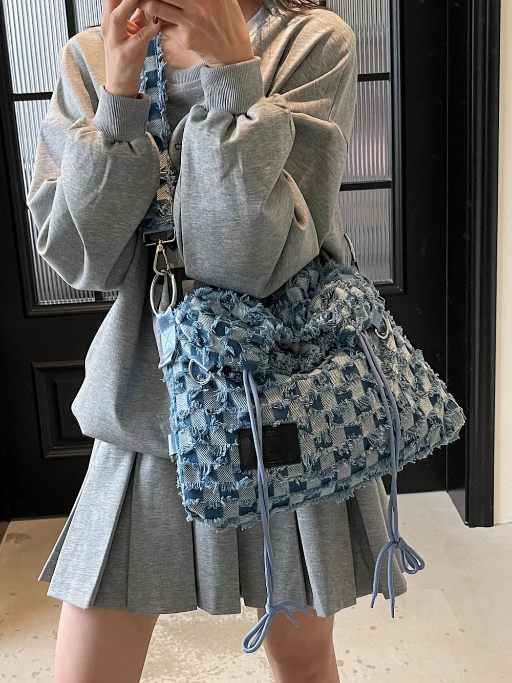 Checkered Raw Edge Adjustable Strap Convertible Bag - LaTezza Online Shop