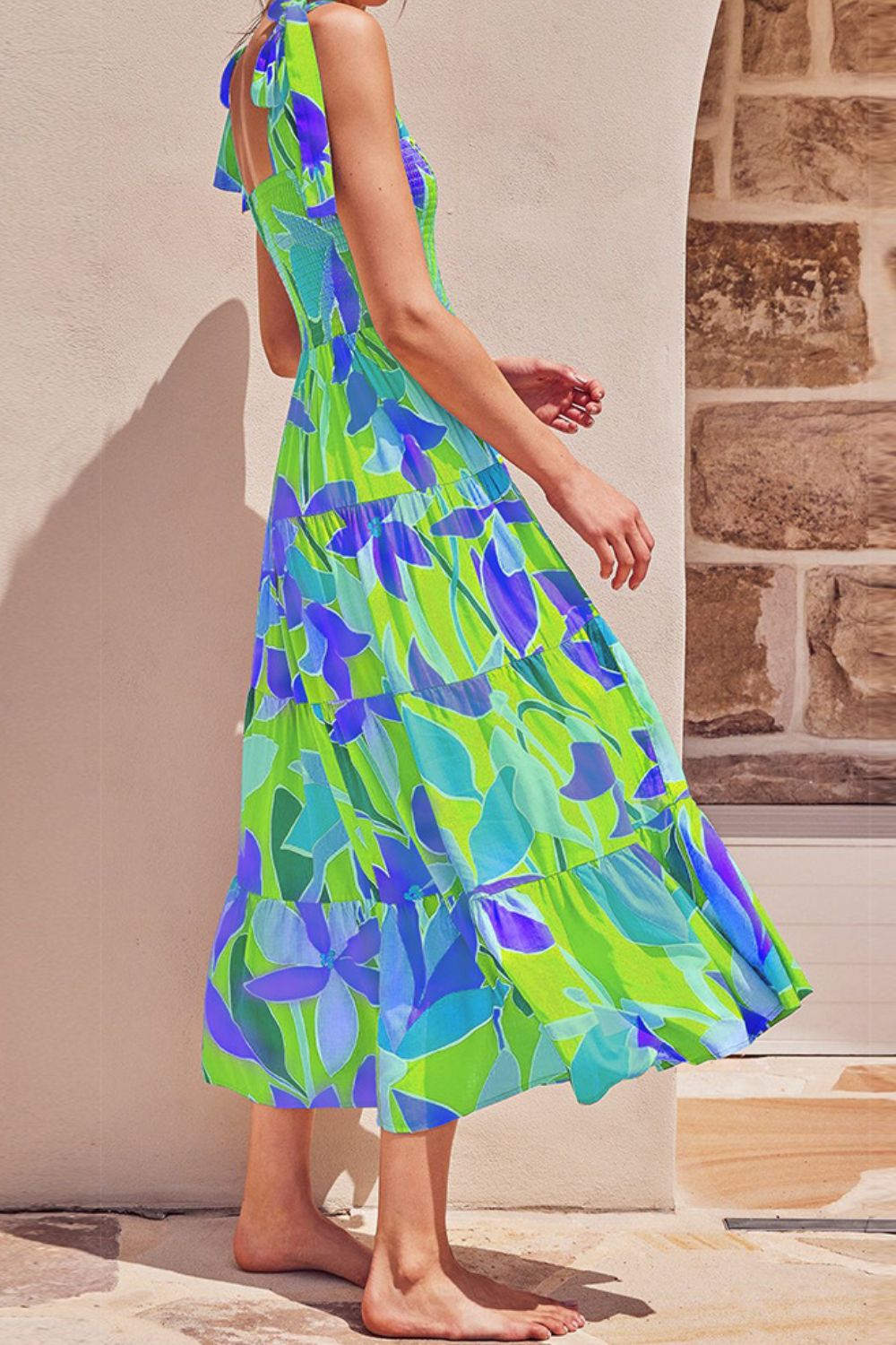 Floral Tie-Shoulder Smocked Midi Dress - LaTezza Online Shop