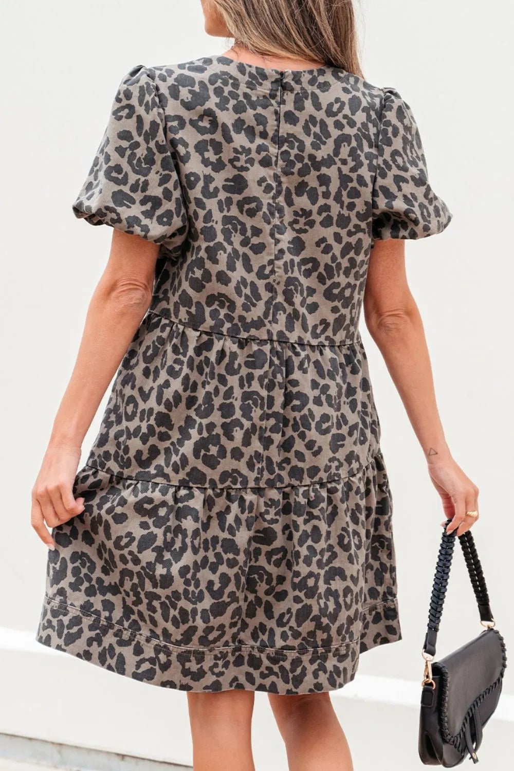 Leopard Round Neck Puff Sleeve Denim Dress - LaTezza Online Shop