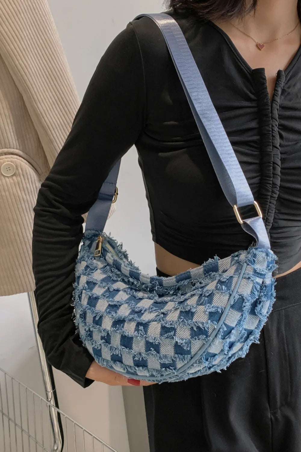 Raw Hem Checkered Denim Crossbody Bag - LaTezza Online Shop
