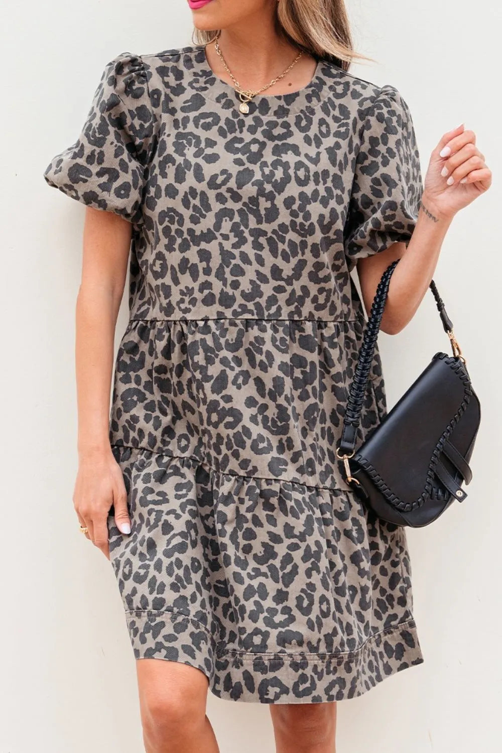 Leopard Round Neck Puff Sleeve Denim Dress - LaTezza Online Shop