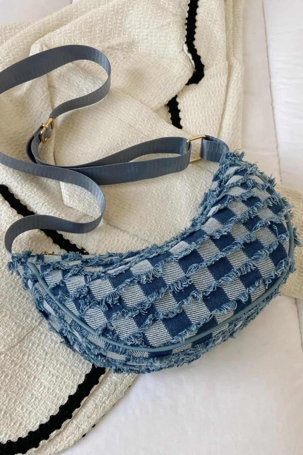 Raw Hem Checkered Denim Crossbody Bag - LaTezza Online Shop