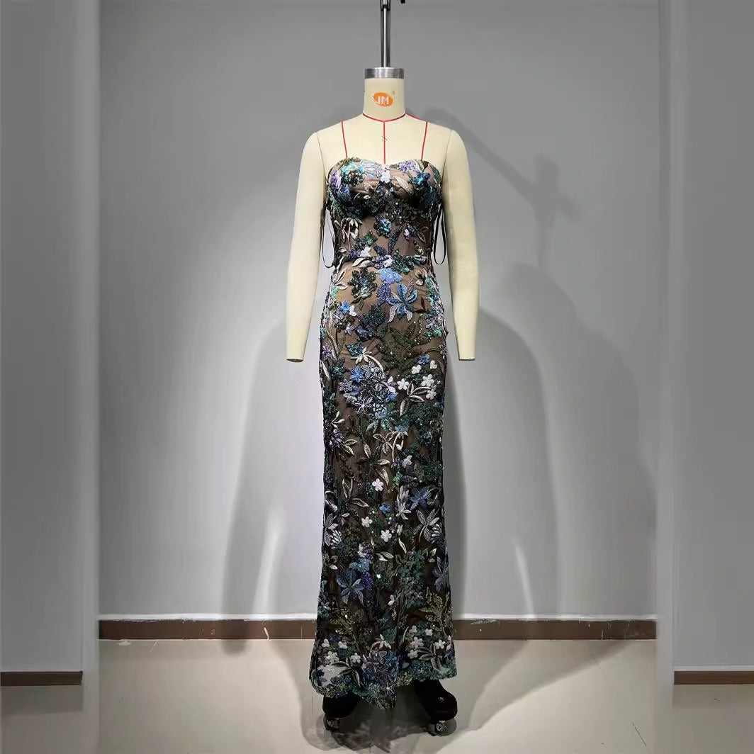 Fashionable blue sexy tube top slim fit embroidered tight sleeveless long hip-hugging dress - LaTezza Online Shop