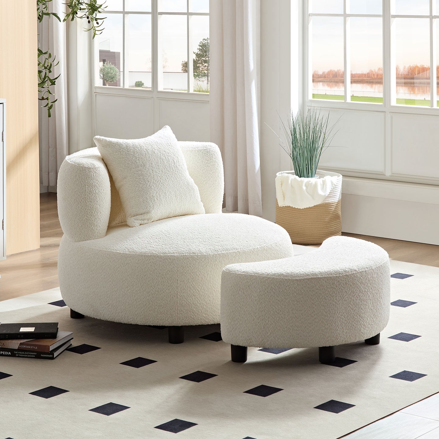 Modern Chair, Single Teddy Fabric Sofa with Ottoman Foot Rest for Living Room Bedroom and Office