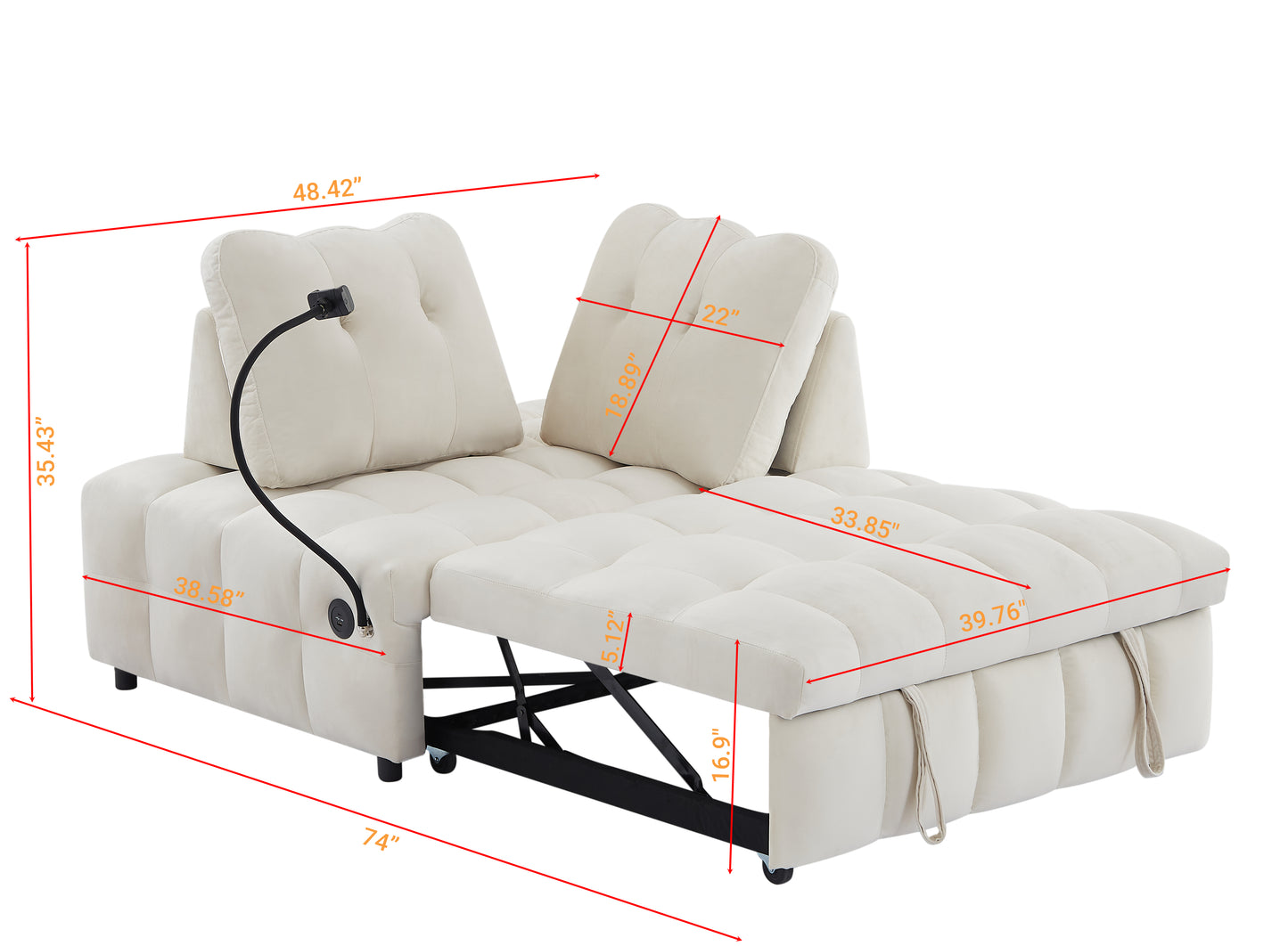 Modern sofa velvet pull-out bed,Independently removable backrest, have USB port and swivel phone stand ,beige - LaTezza Online Shop