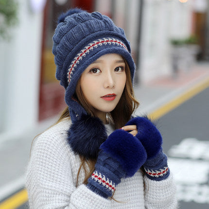 Knit Fleece-Feel Beanie With Ear Flaps & Pompom Warm Winter Hat For Women - LaTezza Online Shop