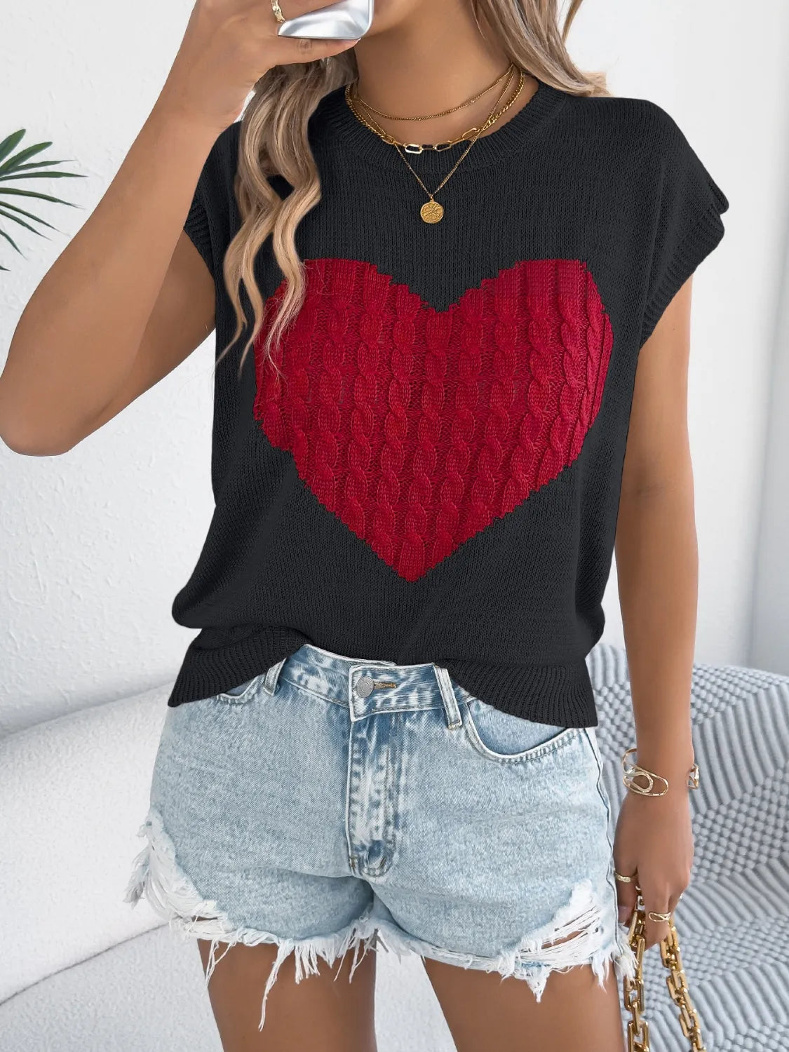 Cable Knit Heart Round Neck Cap Sleeve Knit Top - LaTezza Online Shop