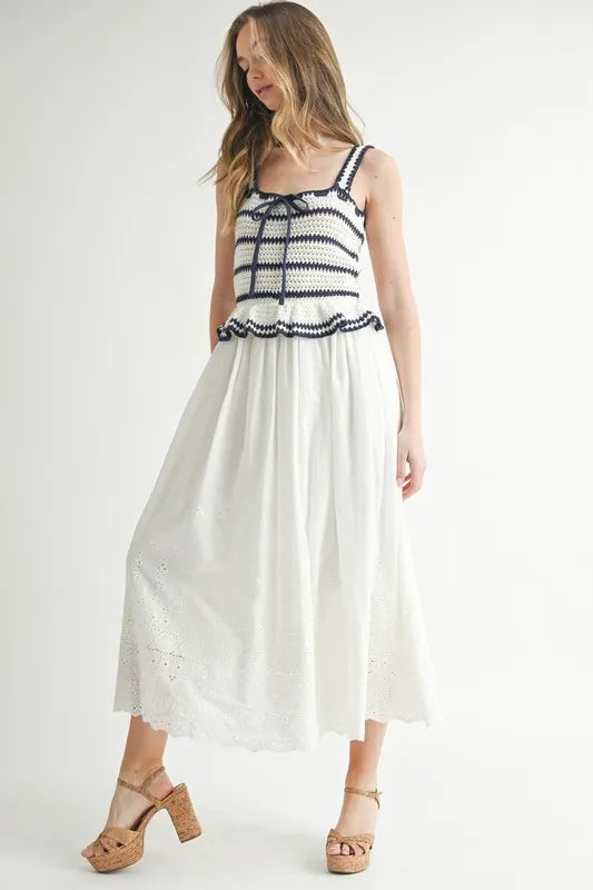 MABLE Crochet Stripe Knit Eyelet Mix Midi Dress - LaTezza Online Shop