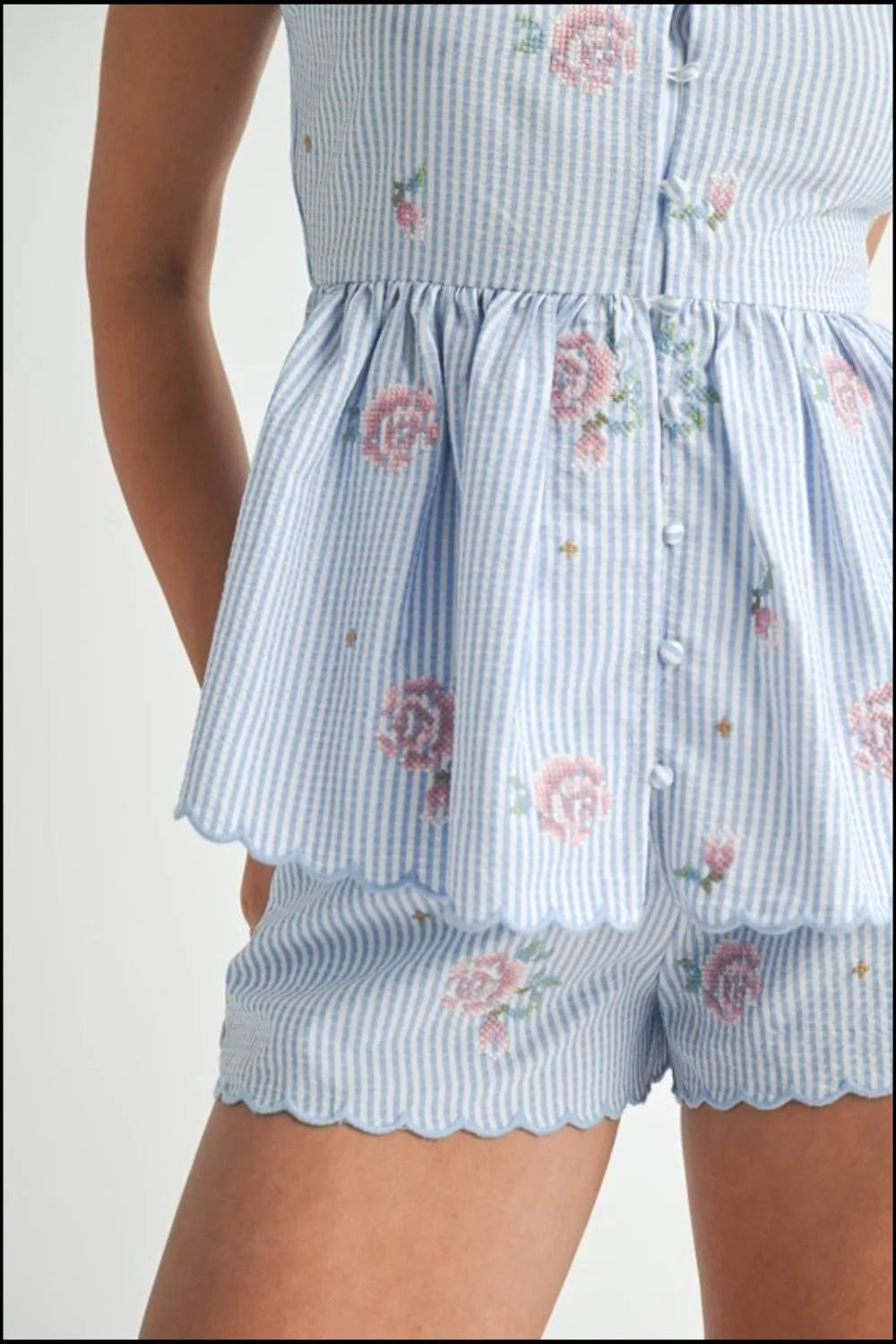 MABLE Stripe Embroidered Peplum Cami and Shorts Set - LaTezza Online Shop