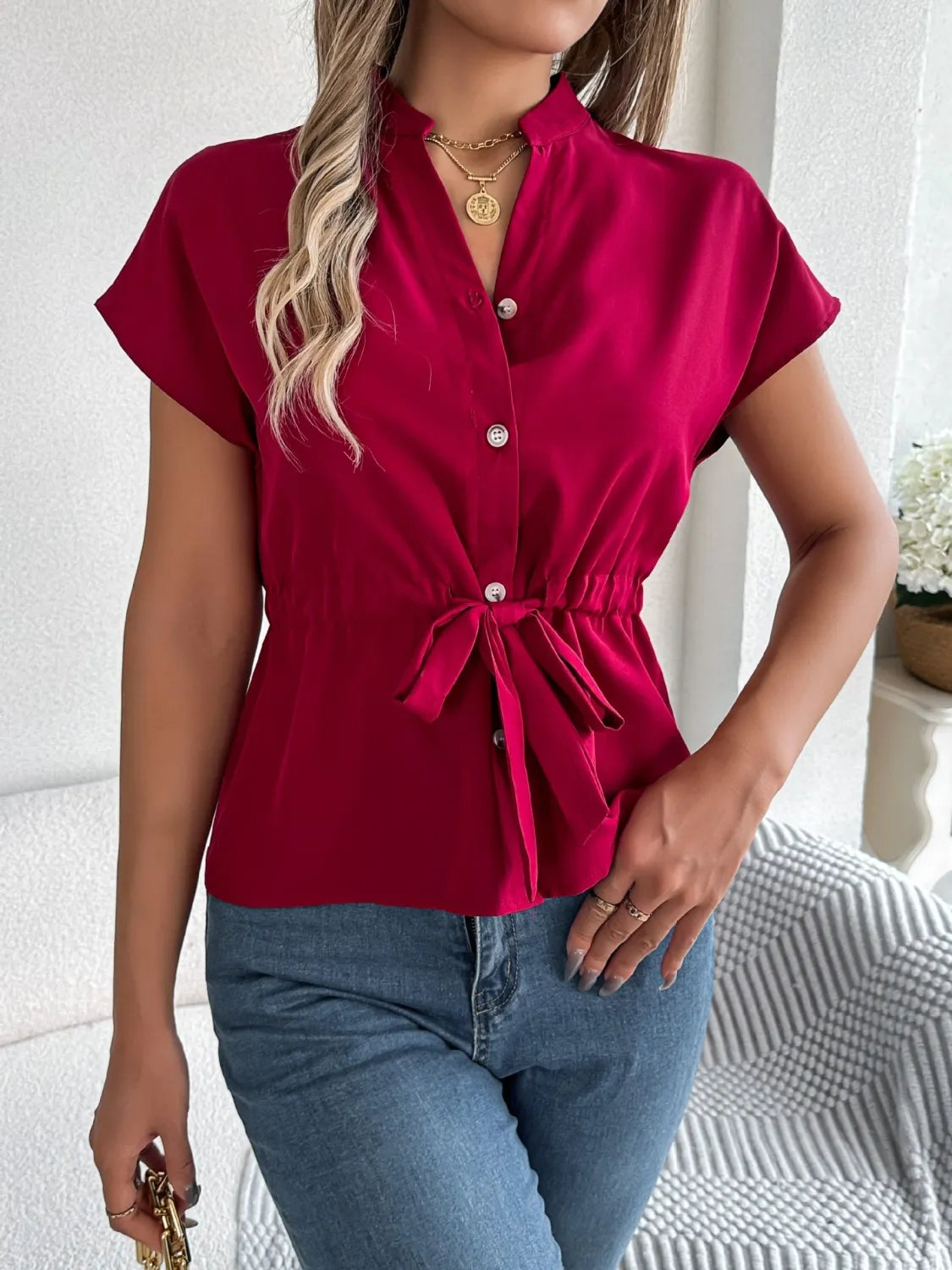 Notched Short Sleeve Blouse - LaTezza Online Shop