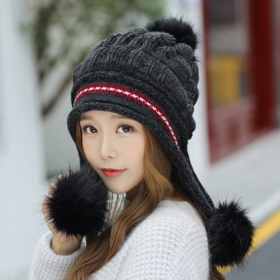 Knit Fleece-Feel Beanie With Ear Flaps & Pompom Warm Winter Hat For Women - LaTezza Online Shop