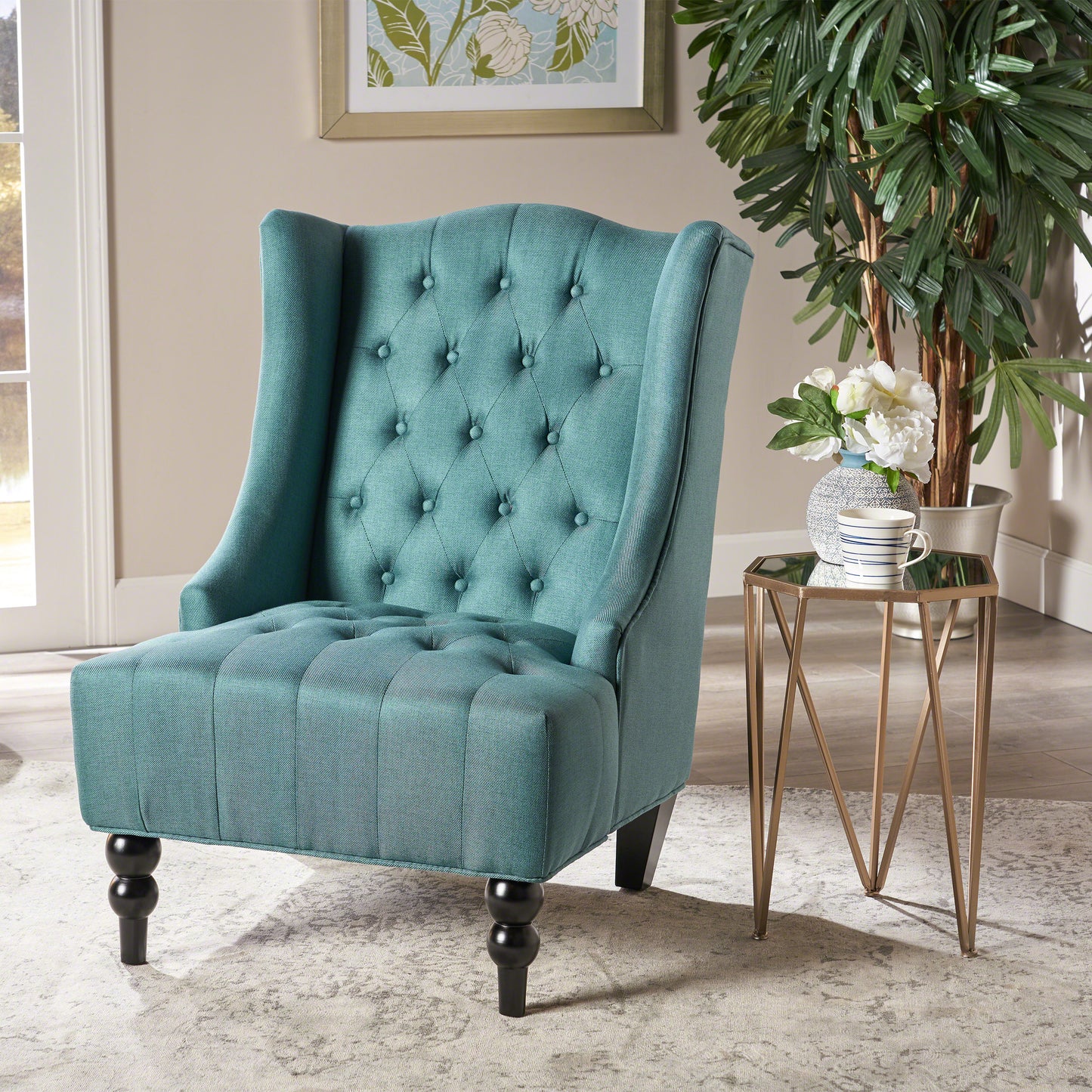 Teal Upholstered Wingback Chair with Birch Wood Legs - LaTezza Online Shop