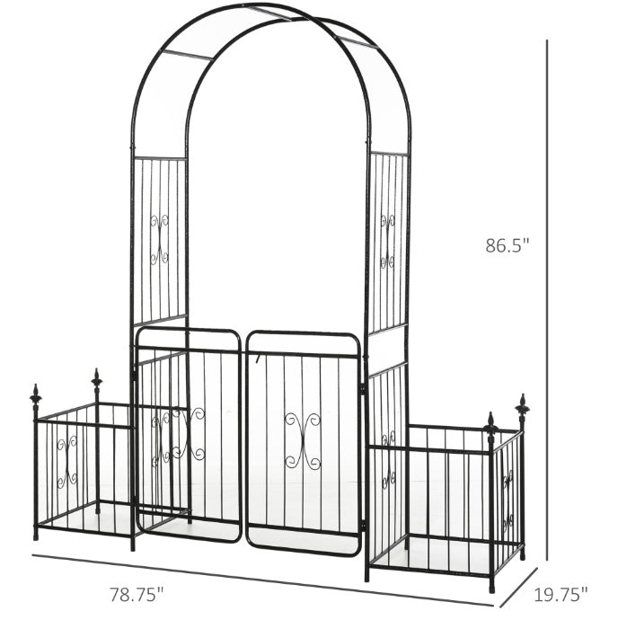 Romantic Archway 86 Metal Garden Arch With Planters For Climbing Vines, Black