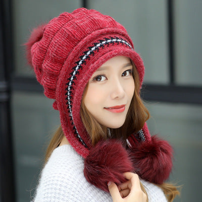 Knit Fleece-Feel Beanie With Ear Flaps & Pompom Warm Winter Hat For Women - LaTezza Online Shop