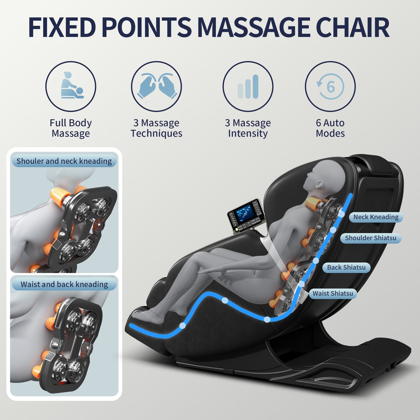 Full body deep tissue massage chair, foot massage, 8 fixed massage rollers, touch screen suitable for 5.1-5.75 feet high (black) - LaTezza Online Shop