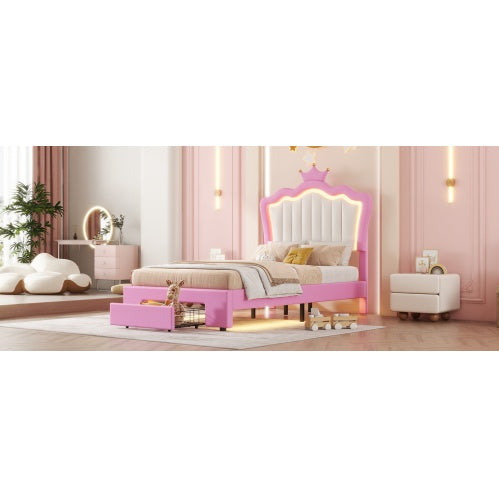 Twin Size Upholstered Bed Frame With LED Lights Modern Princess Bed With Crown Headboard and drawer