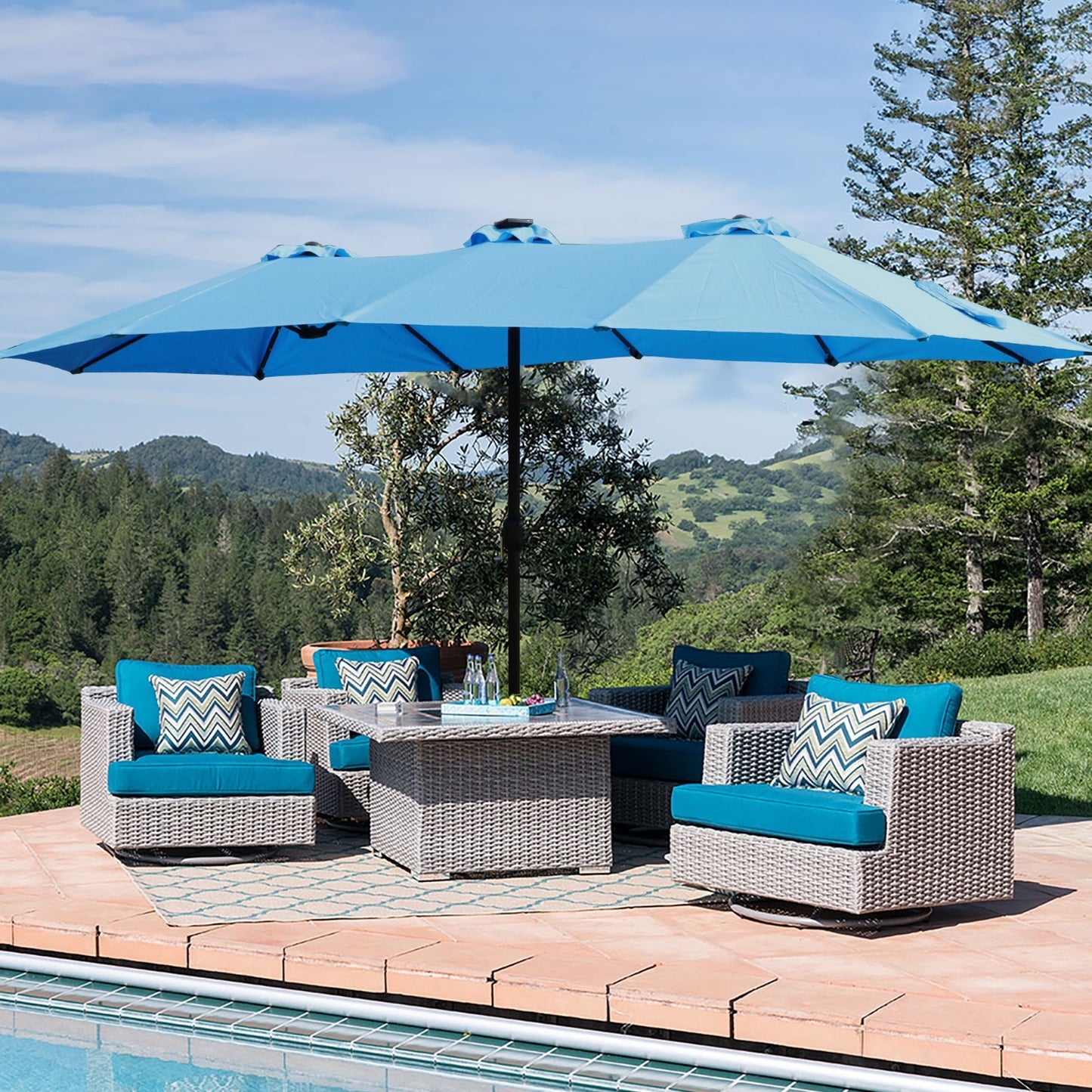 15x9ft Large Double-Sided Rectangular Outdoor Twin Patio Market Umbrella With Light And Base- Blue - LaTezza Online Shop