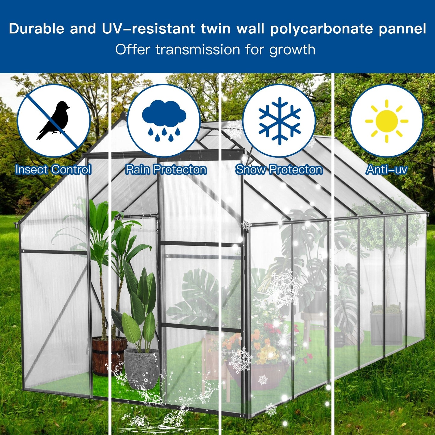 6x12 FT Polycarbonate Greenhouse W Raised Base Anchor, Heavy Duty Walk-in - LaTezza Online Shop