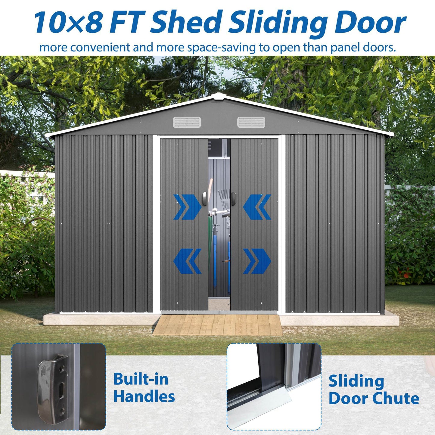 10X8 FT Outdoor Storage Shed, Metal Foundation & Lockable Doors Grey - LaTezza Online Shop