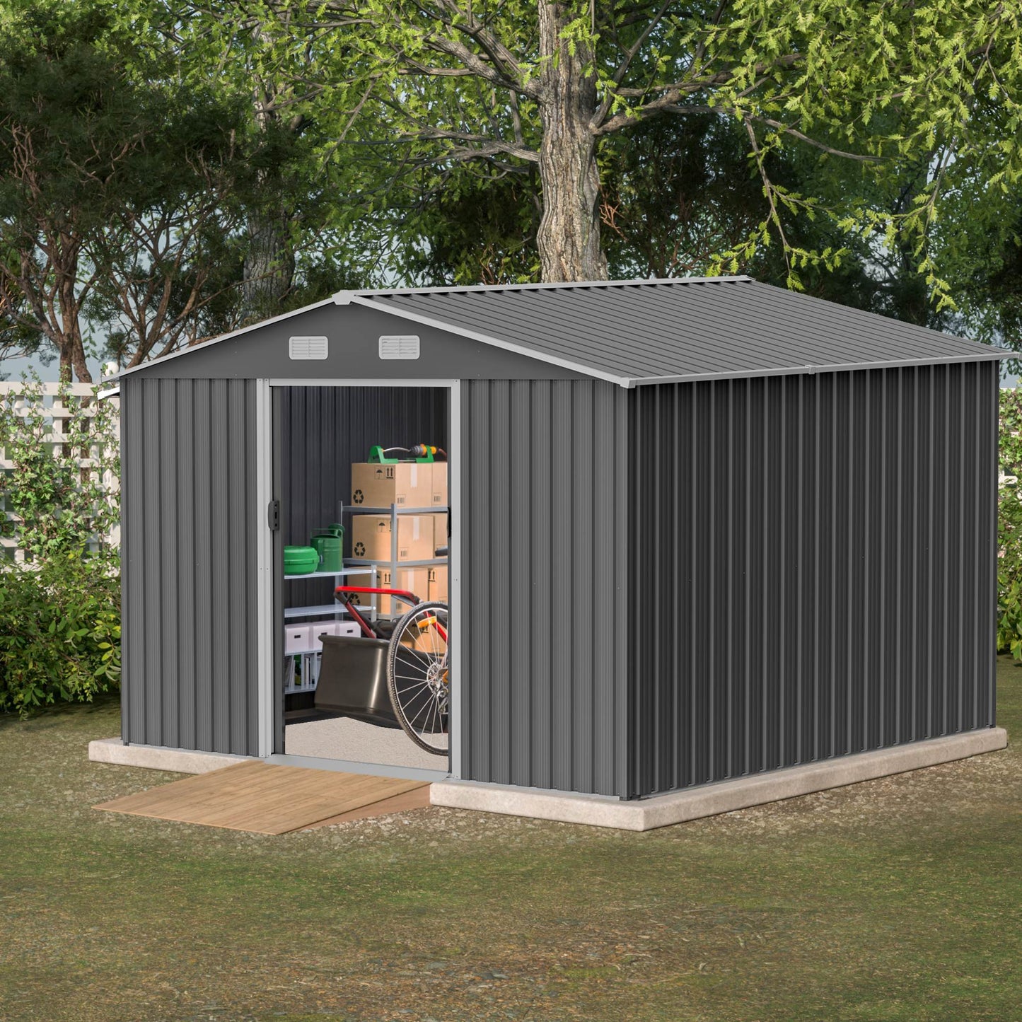 10X8 FT Outdoor Storage Shed, Metal Foundation & Lockable Doors Grey - LaTezza Online Shop