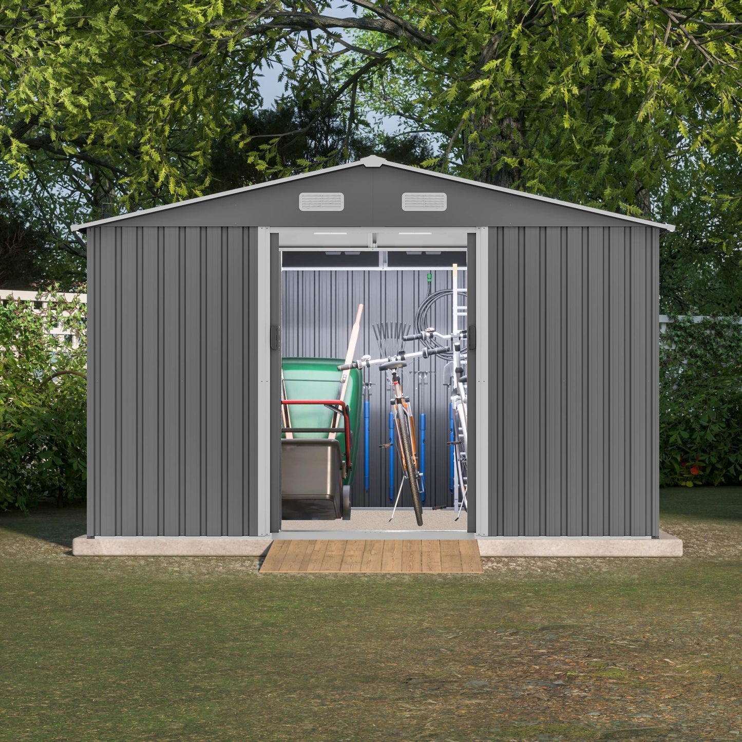 10X8 FT Outdoor Storage Shed, Metal Foundation & Lockable Doors Grey - LaTezza Online Shop