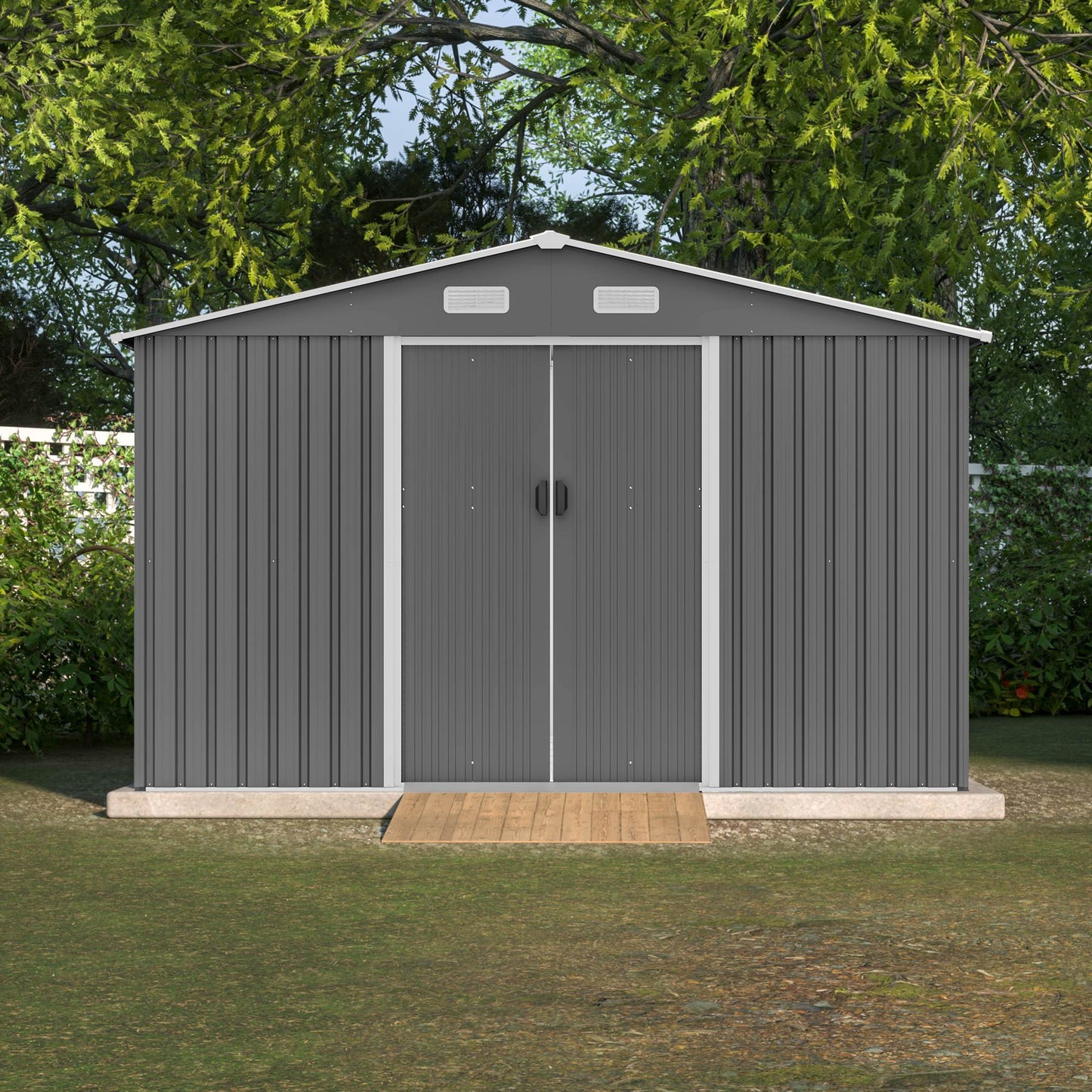 10X8 FT Outdoor Storage Shed, Metal Foundation & Lockable Doors Grey - LaTezza Online Shop