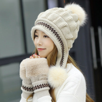 Knit Fleece-Feel Beanie With Ear Flaps & Pompom Warm Winter Hat For Women - LaTezza Online Shop