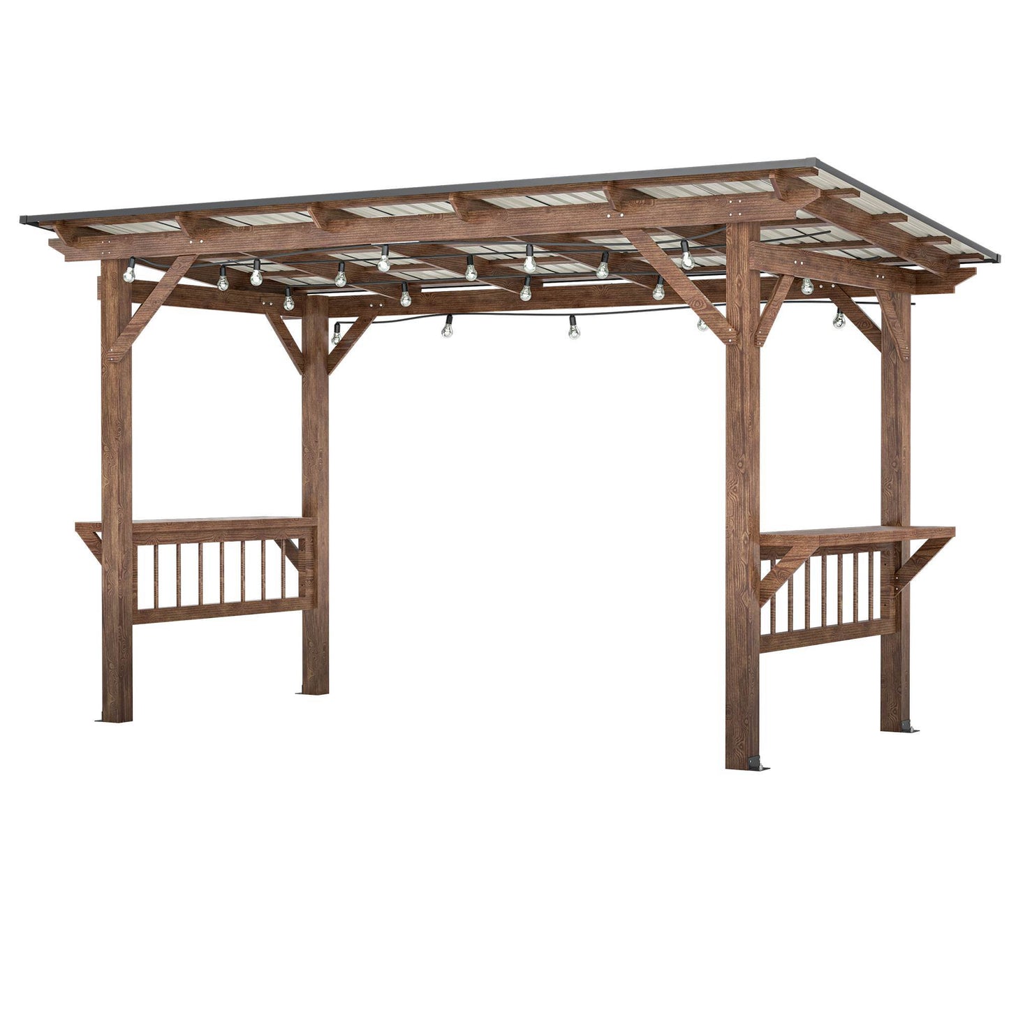 13X 6.5 Ft Wooden Pergola Grill Gazebo With Metal Roof & Bulbs & Bar Counters - LaTezza Online Shop
