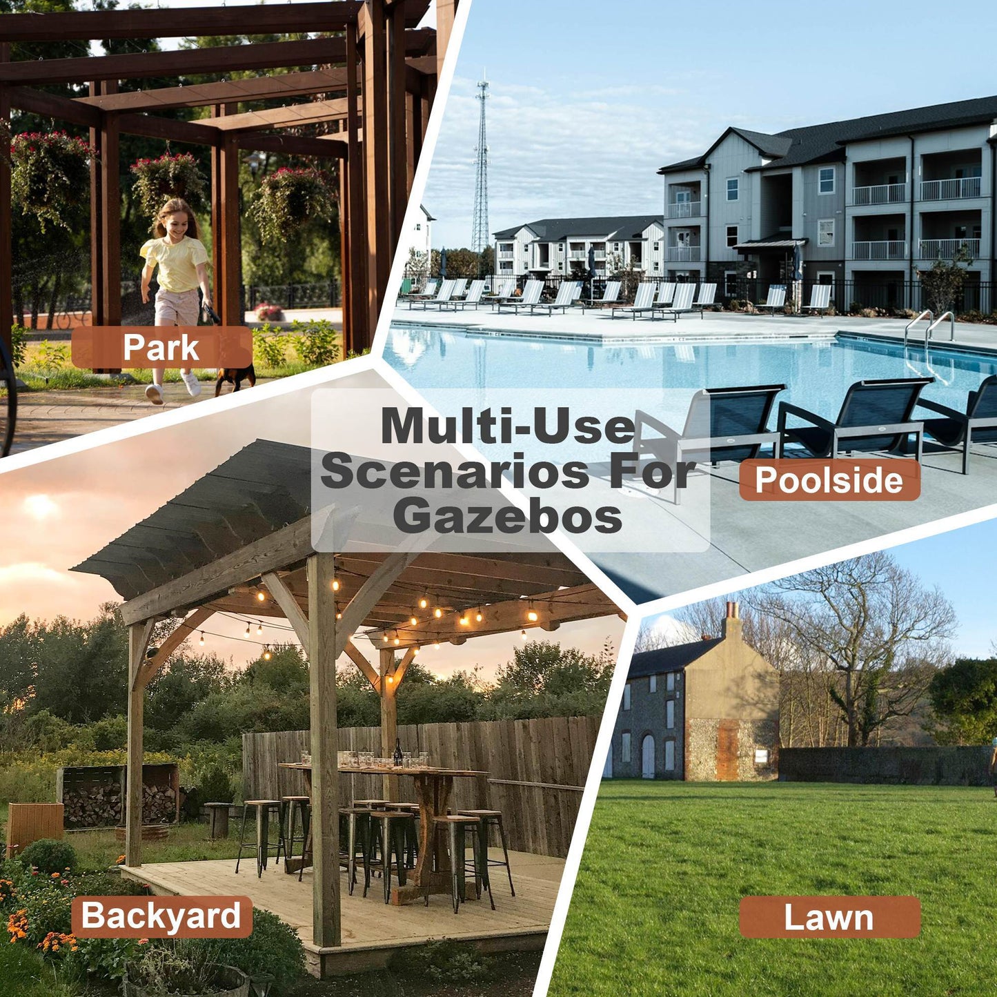 13X 6.5 Ft Wooden Pergola Grill Gazebo With Metal Roof & Bulbs & Bar Counters - LaTezza Online Shop