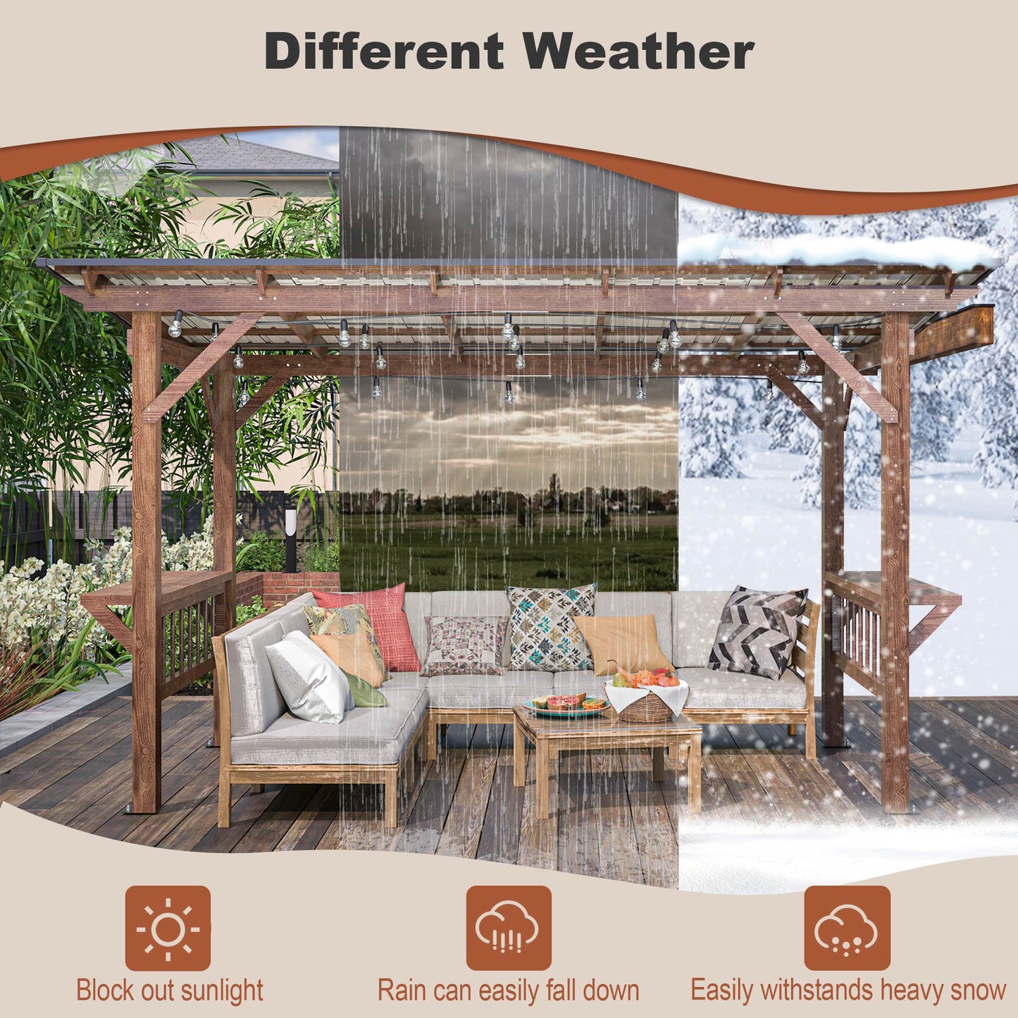 13X 6.5 Ft Wooden Pergola Grill Gazebo With Metal Roof & Bulbs & Bar Counters - LaTezza Online Shop