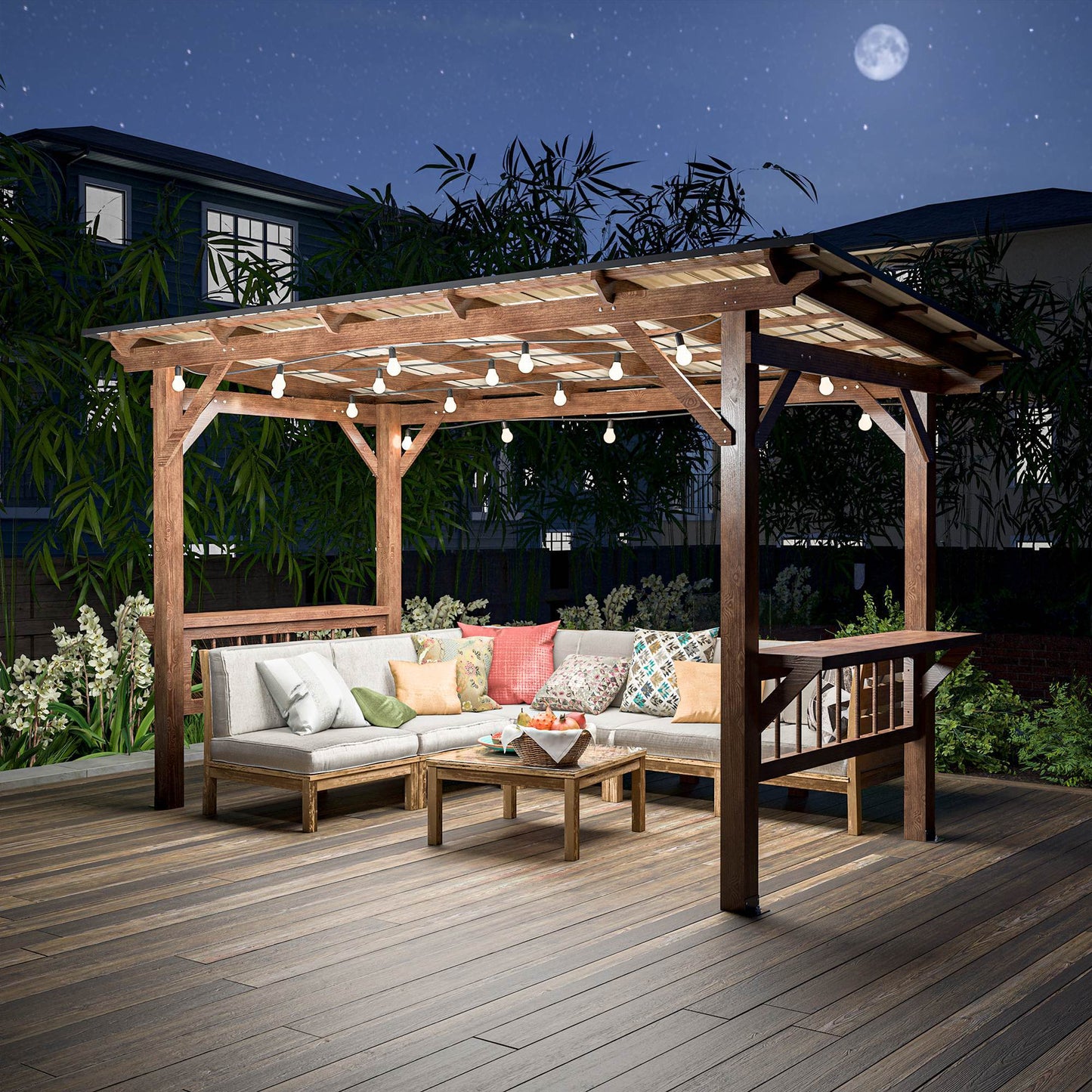 13X 6.5 Ft Wooden Pergola Grill Gazebo With Metal Roof & Bulbs & Bar Counters - LaTezza Online Shop