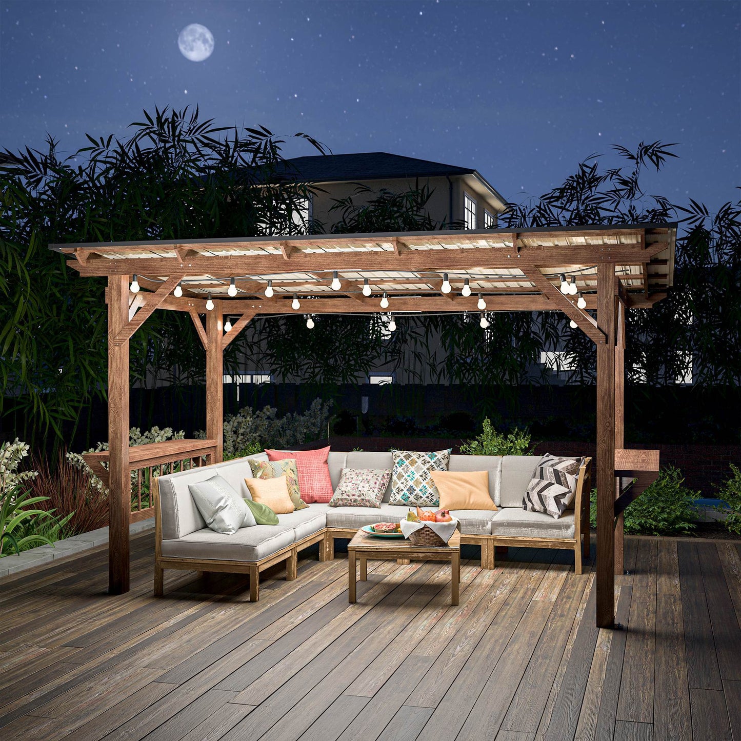 13X 6.5 Ft Wooden Pergola Grill Gazebo With Metal Roof & Bulbs & Bar Counters - LaTezza Online Shop